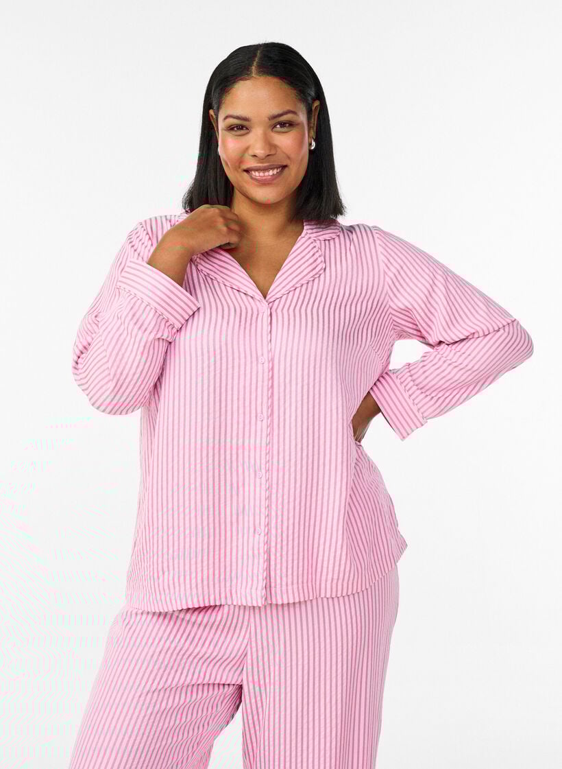Seersucker pyjamas-skjorte med lange ermer, Rosa, Model image number 0