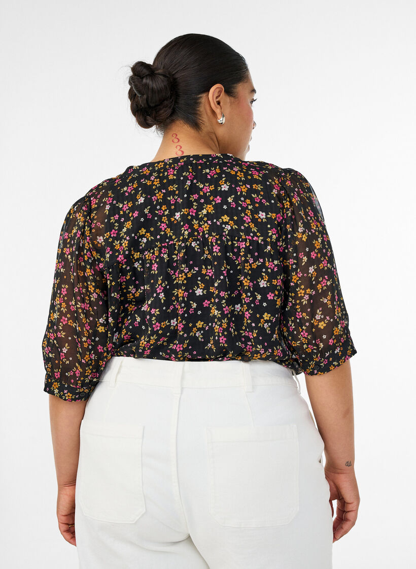 Bluse med blomstertrykk og V-hals, Svart, Model image number 2