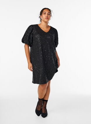 Zizzi Kort paljettkjole med puffede ermer, Svart, Model image number 1