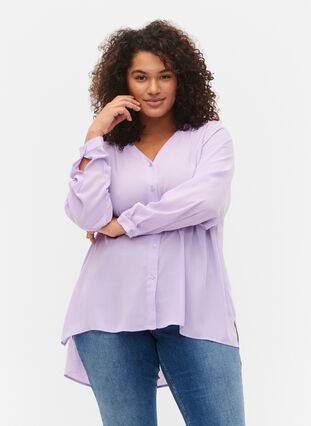 Langermet skjorte med V-hals, Purple Rose, Model image number 0