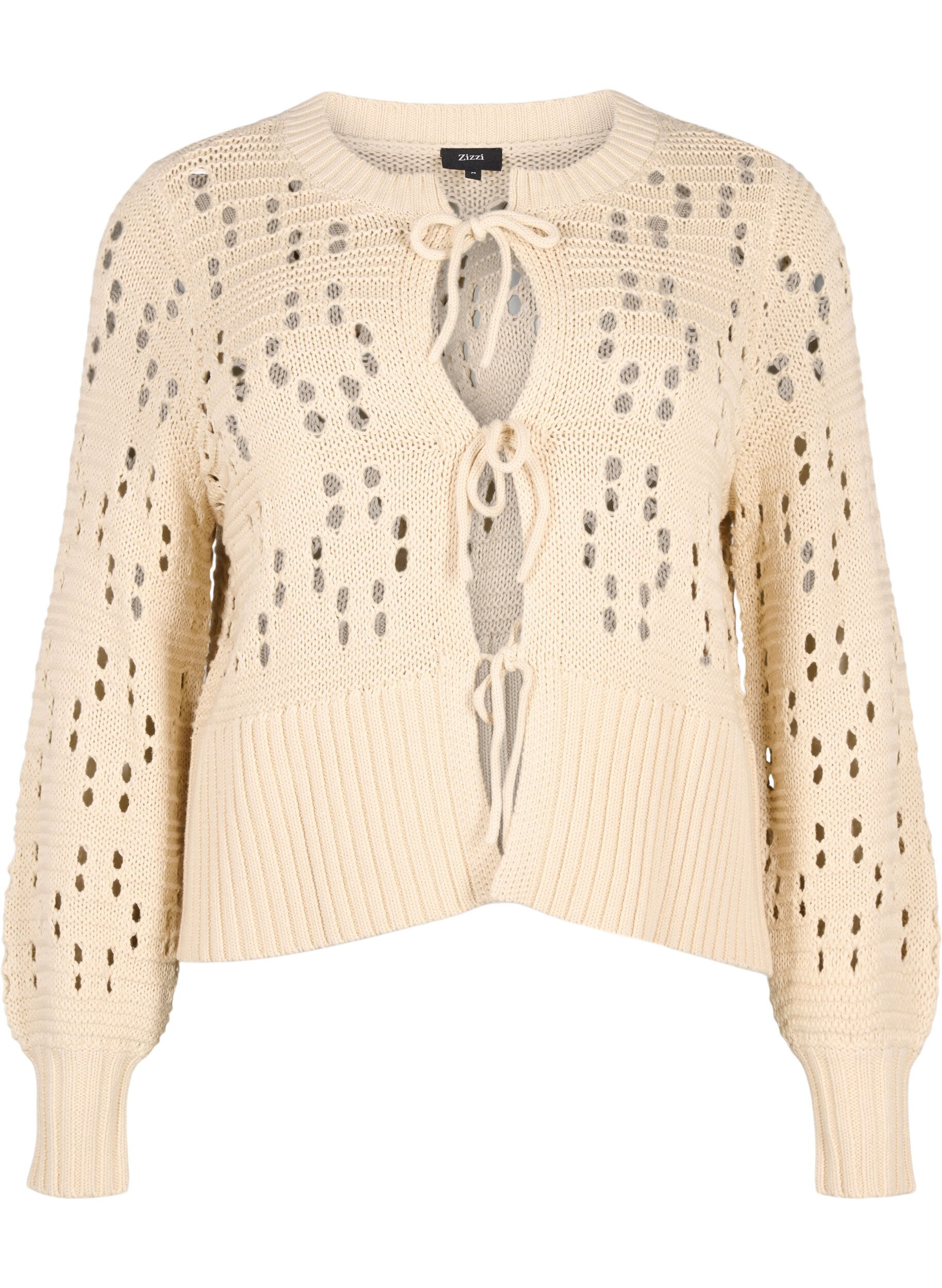 Zizzi Strikket cardigan med b&aring;nd og hullm&oslash;nster, Birch, Packshot image number 0