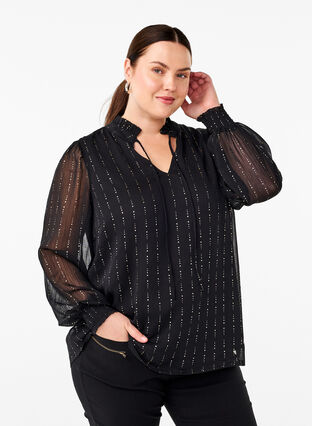 Zizzi Mønstret chiffongbluse med knytebånd, Black, Model image number 0