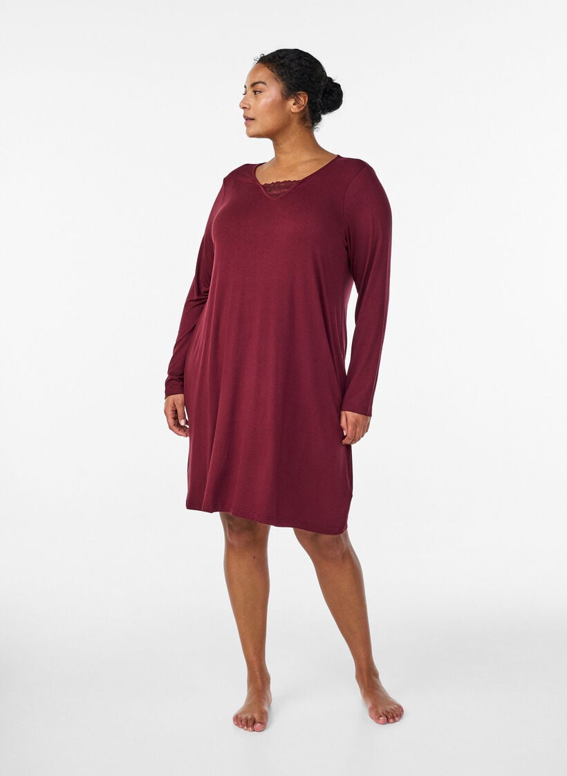 Langermet nattkjole med blondeinnlegg og V-hals, Rød, Model image number 1