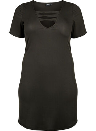 Tettsittende kjole med V-hals og stroppedetaljer, Black, Packshot image number 0