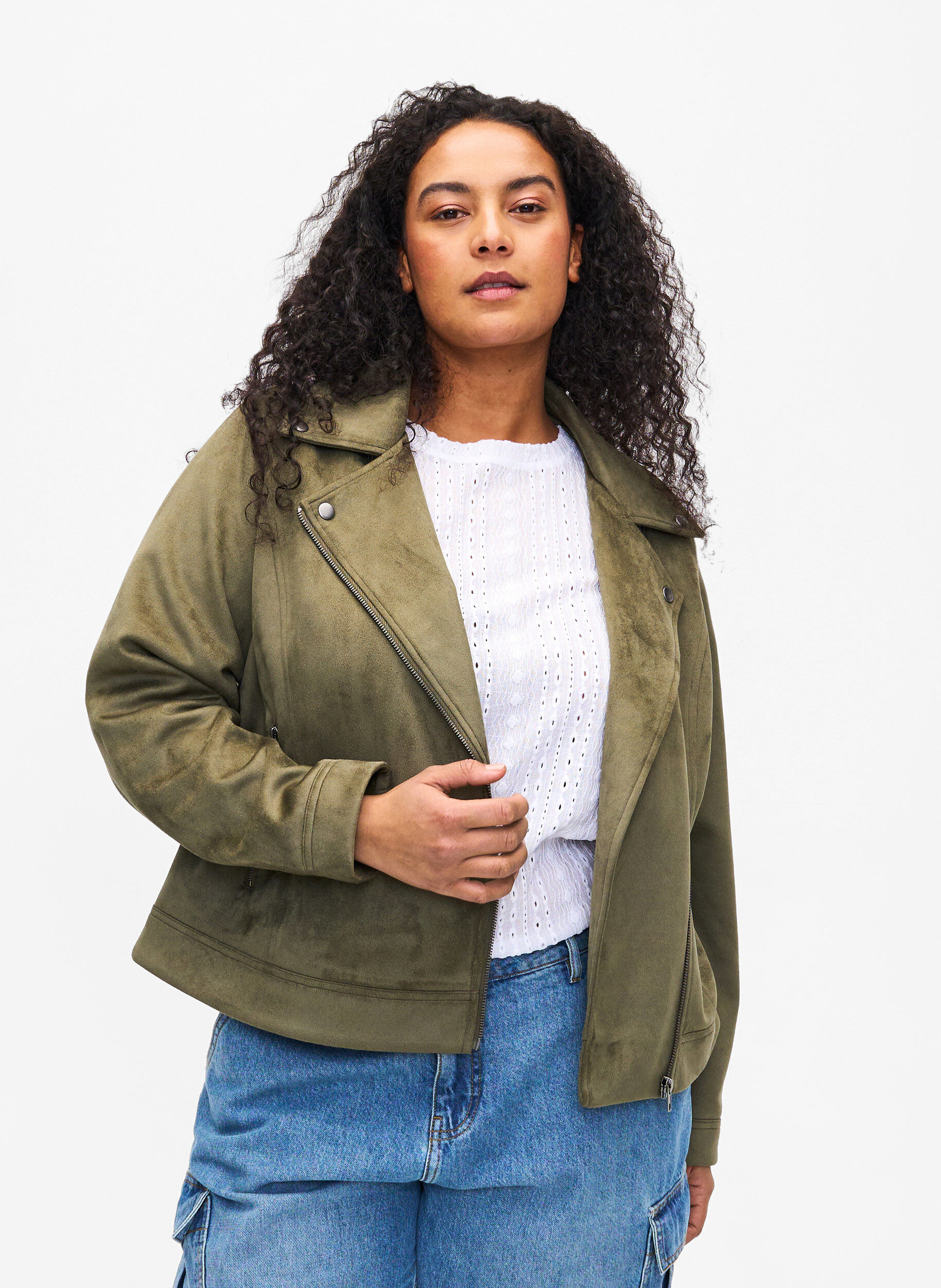 ZizziBikerjakke i imitert semsket skinn, Dusty Olive, Model image number 0
