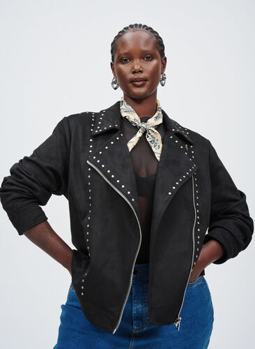 Zizzi Imitert semsket skinn bikerjakke med nagler, Svart, Image image number 0