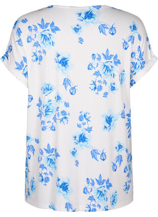 Blomstret bluse i viskose med korte ermer, White Blue AOP, Packshot image number 1