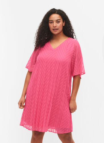 Kjole med korte ermer og struktur, Shocking Pink, Model image number 0