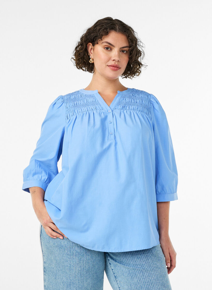 Bluse med smock og 3/4 ermer, Bl&aring;, Model image number 0
