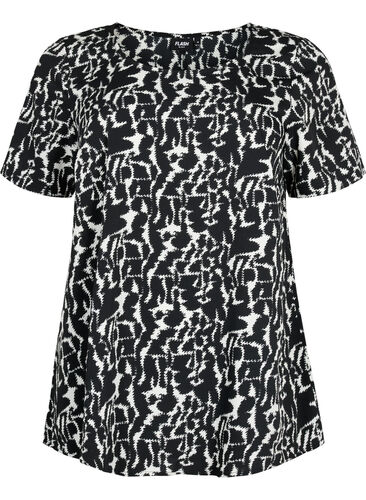 FLASH - Bluse med korte ermer og mønster, Black White AOP, Packshot image number 0