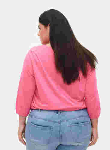 Ensfarget bluse med 3/4-ermer, Hot Pink Mel., Model image number 1