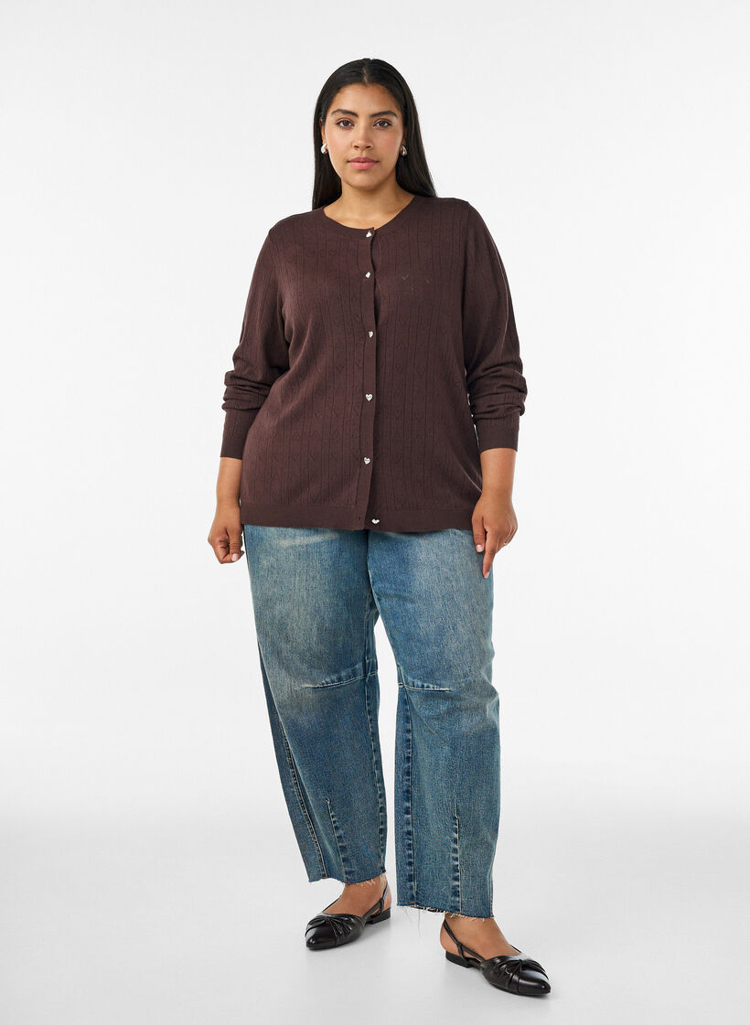 Strikket cardigan med hjerte hullbroderi, Brun, Model image number 1