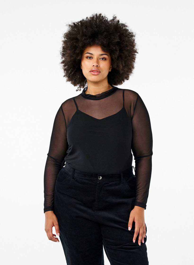 Tett sittende meshbluse med lange ermer, Svart, Model image number 0