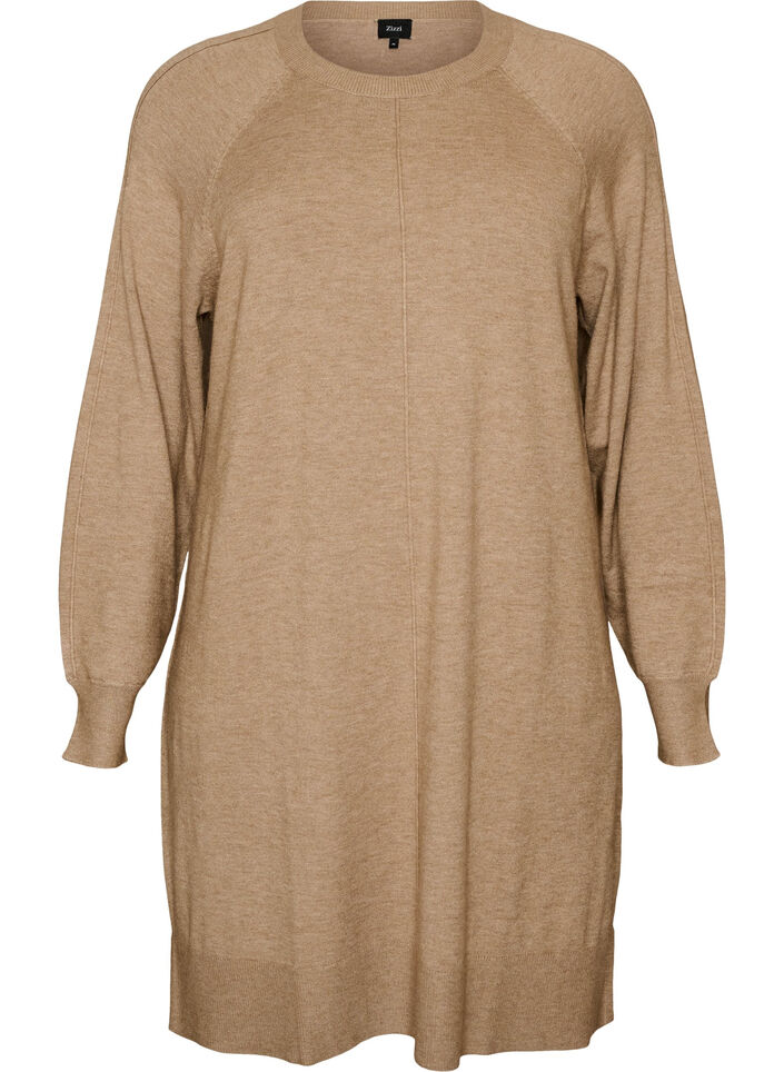 Kort strikkekjole med raglanermer og en midts&oslash;m, Beige, Packshot image number 0