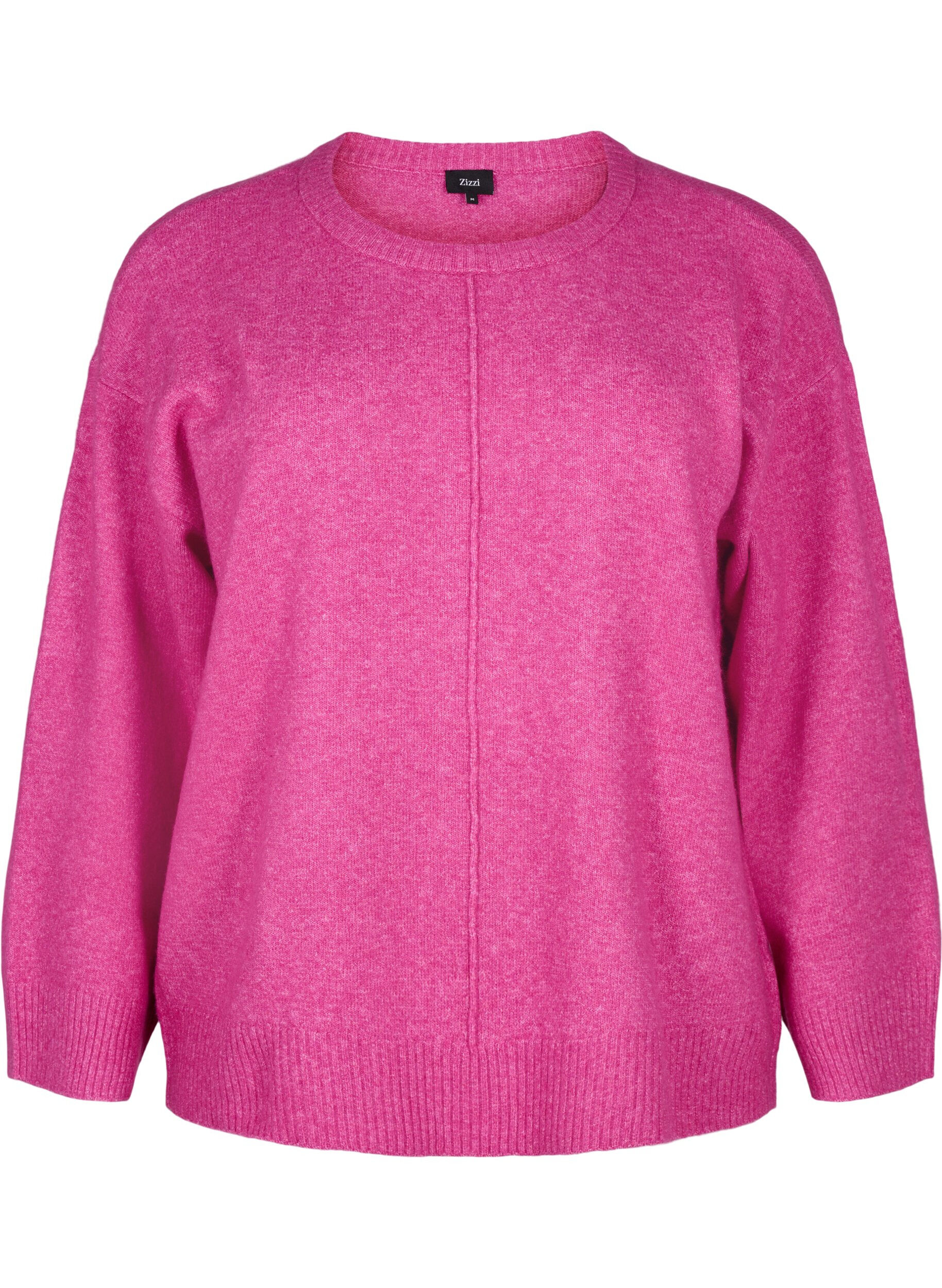 Zizzi Strikket bluse med rund hals og midts&oslash;m, Fuchsia Red Mel., Packshot image number 0