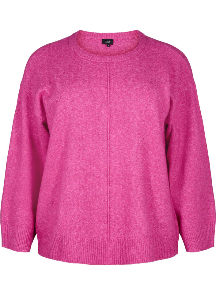 Strikket bluse med rund hals og midtsøm, Fuchsia Red Mel., Packshot image number 0