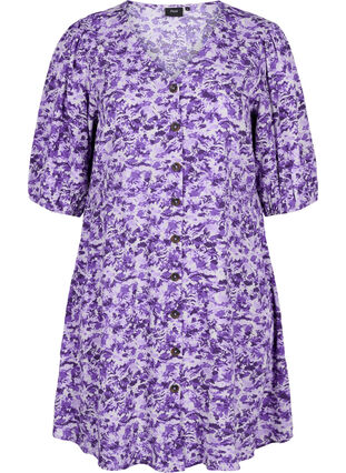 Kjole med knapper og 3/4-ermer, Purple AOP, Packshot image number 0