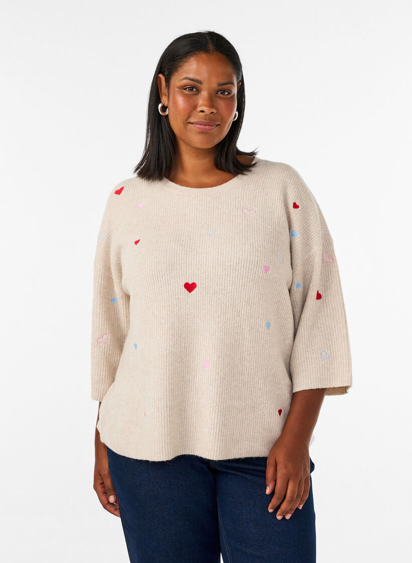 Strikket bluse med hjerter og 3/4-ermer, Beige, Model image number 0
