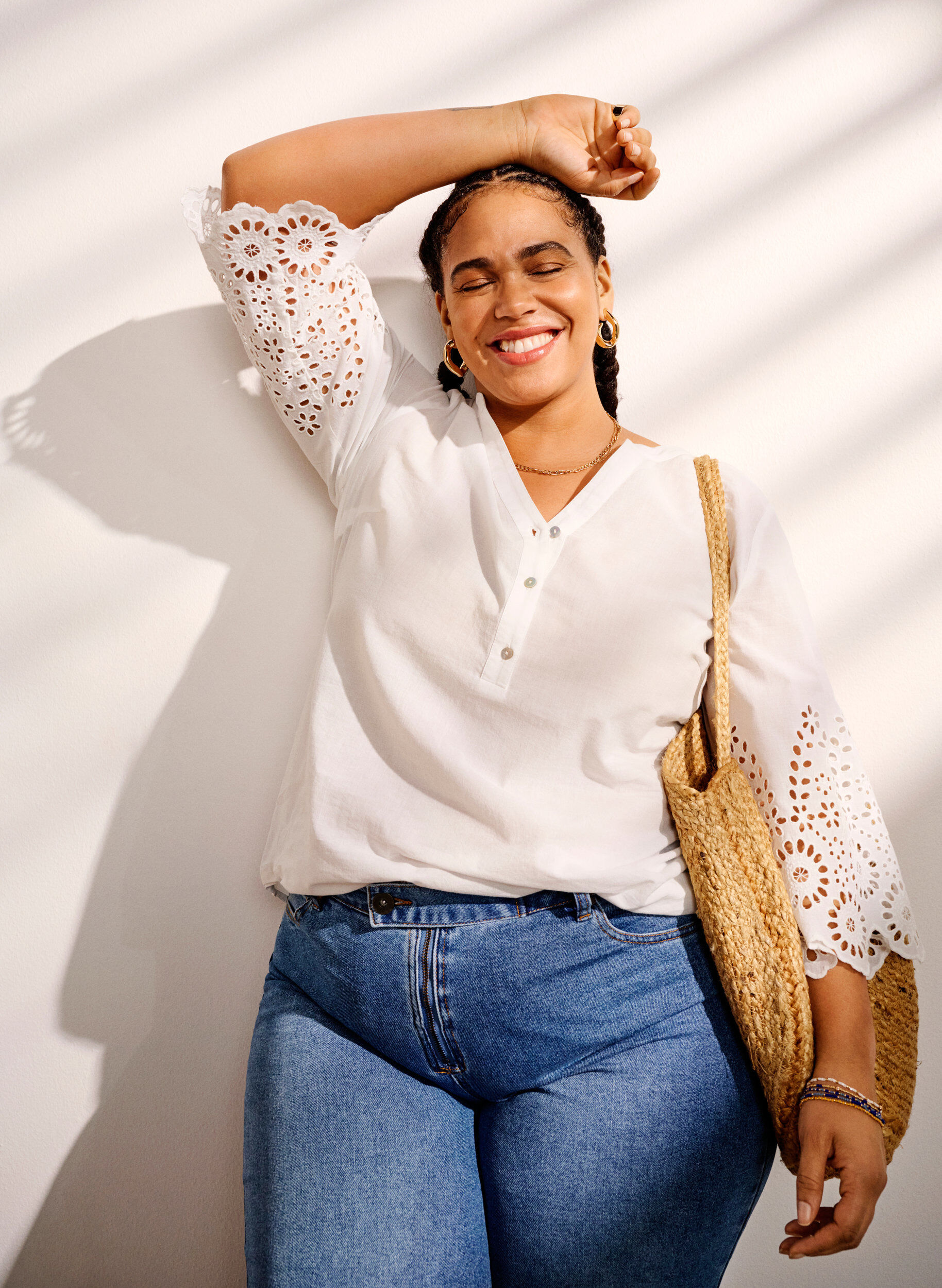 ZizziSkjortebluse med broderi anglaise og 3/4-ermer, Bright White, Image image number 0