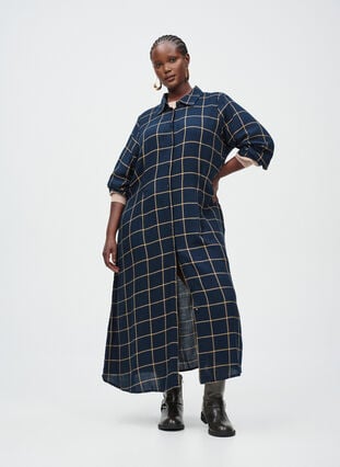 Zizzi Lang rutete skjortekjole, Blue Beige Check, Image image number 0