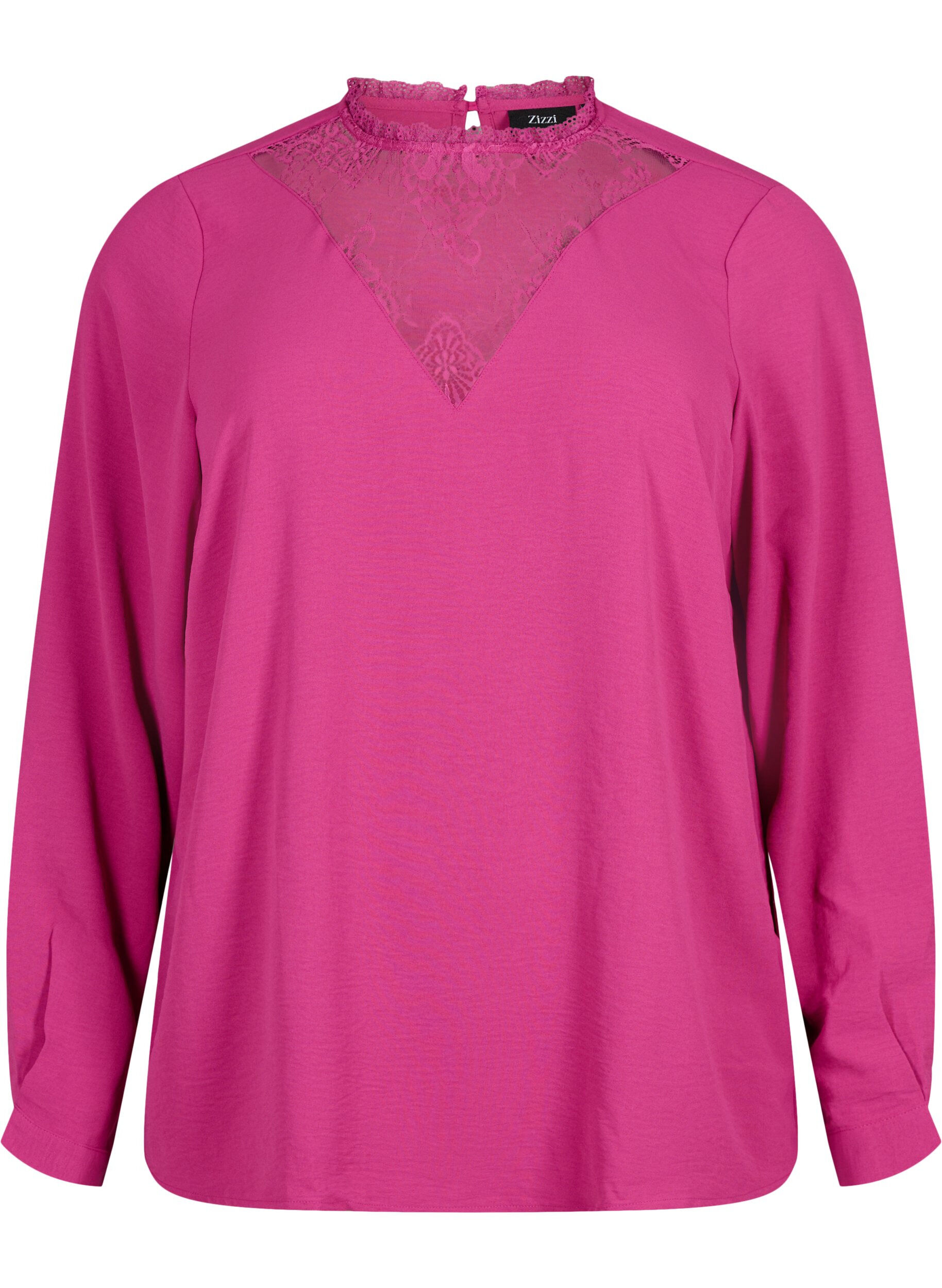Zizzi Bluse med lange ermer og blondedetaljer, Festival Fuchsia, Packshot image number 0