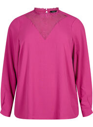 Bluse med lange ermer og blondedetaljer, Festival Fuchsia