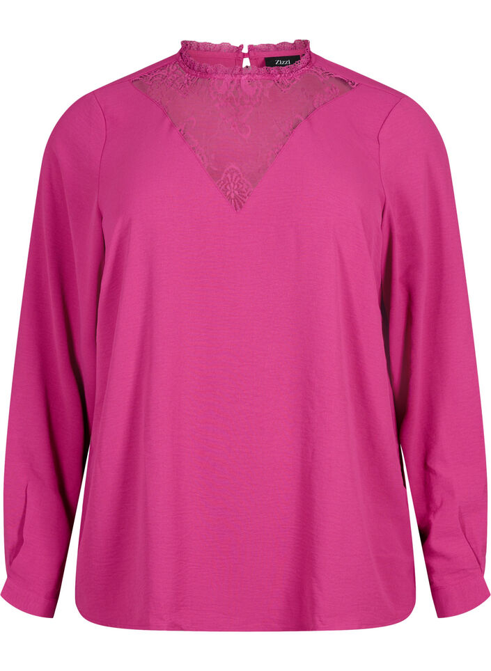 Bluse med lange ermer og blondedetaljer, Festival Fuchsia, Packshot image number 0