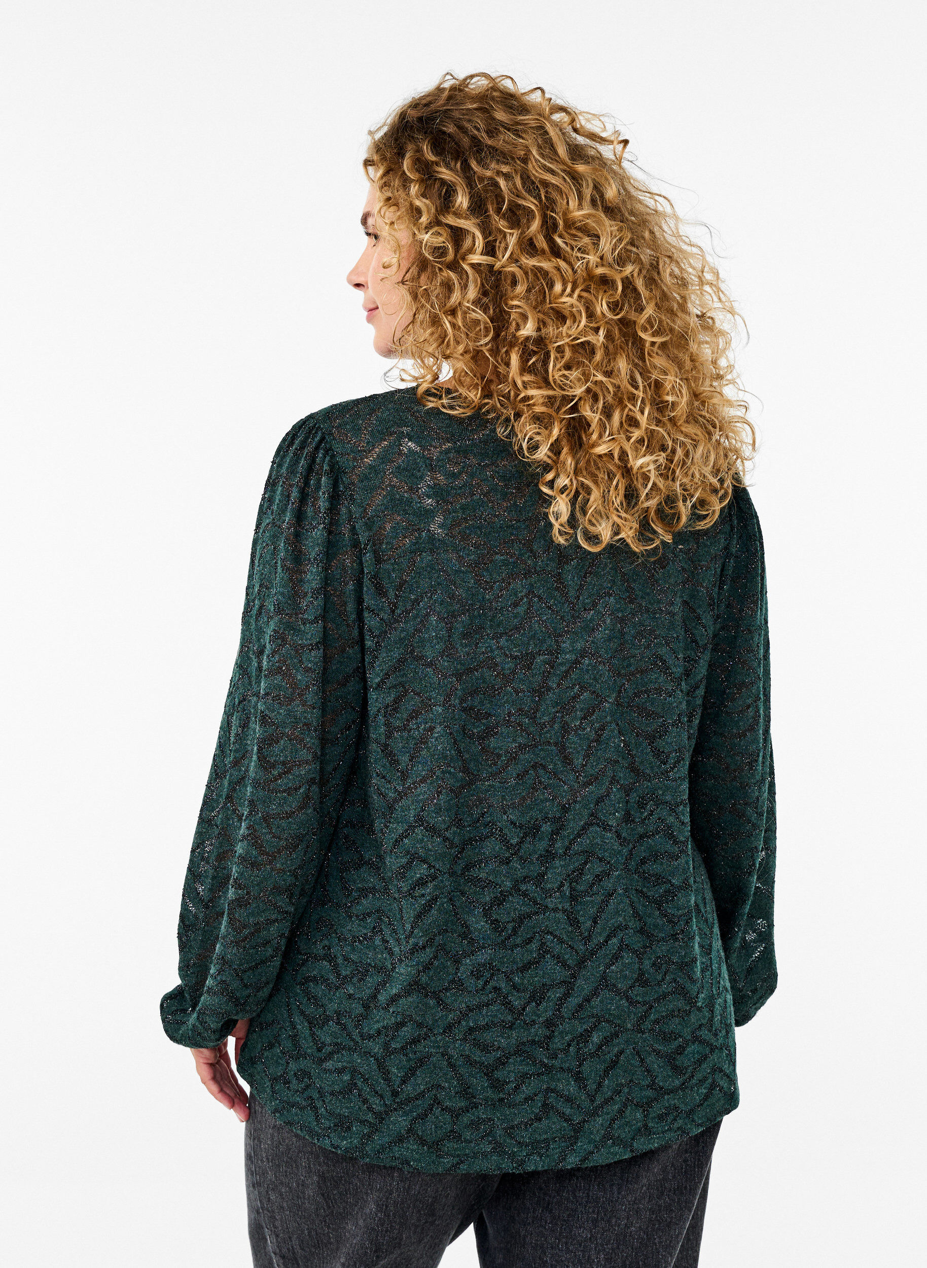 Zizzi Langermet bluse med glitter og m&oslash;nster, Gr&oslash;nn, Model image number 2