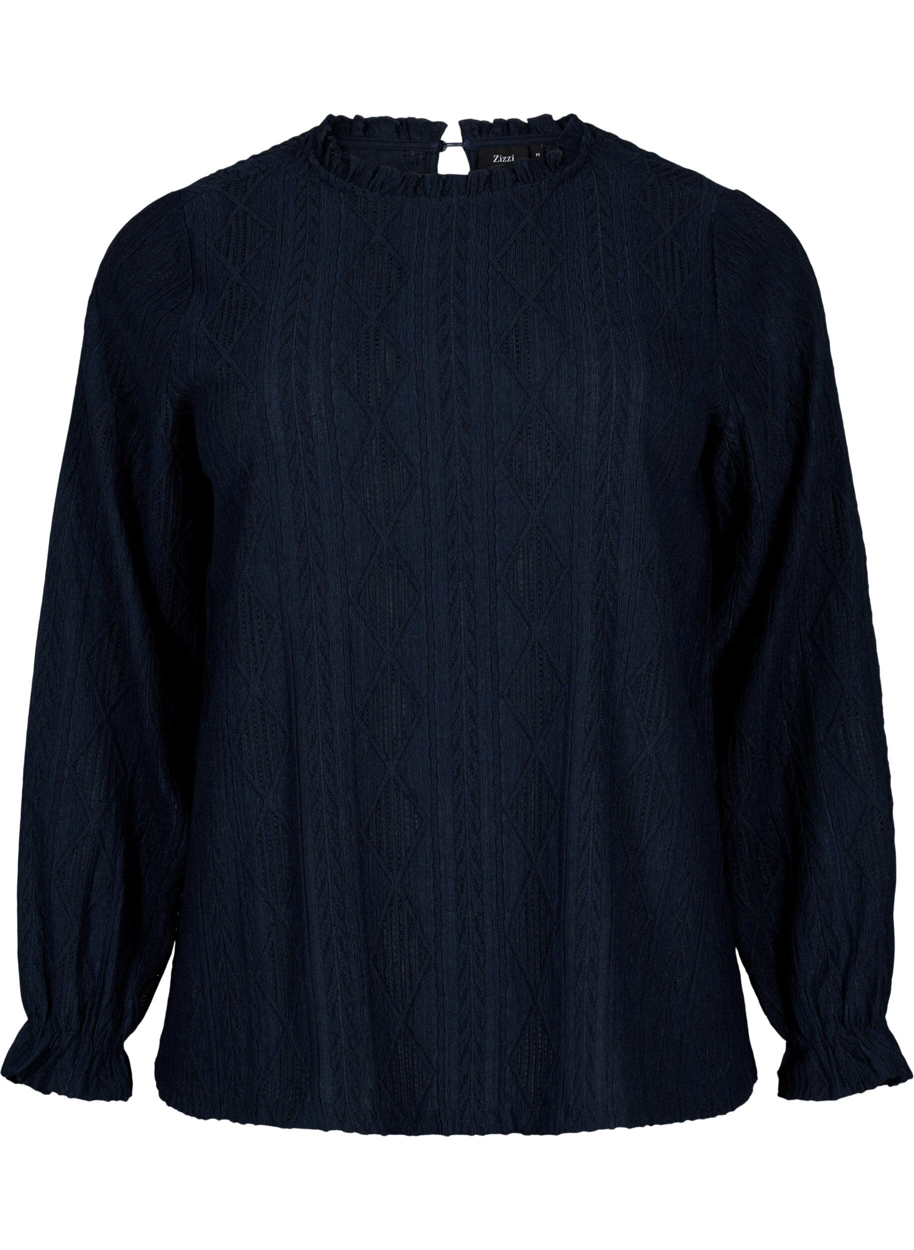 Zizzi Bluse med volanger og tone-i-tone-m&oslash;nster, Night Sky, Packshot image number 0