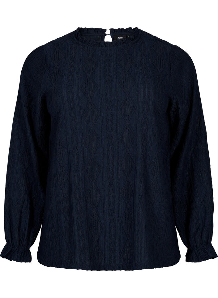 Bluse med volanger og tone-i-tone-mønster, Night Sky, Packshot image number 0