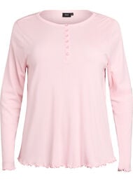 Jerseybluse med knapper og bølgede kanter, Rosa