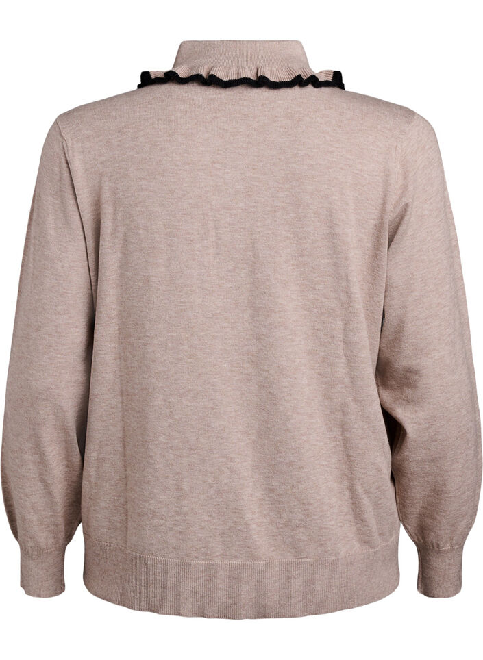 Strikkebluse med krage og kontrastvolang, S. Taupe Mel w Black, Packshot