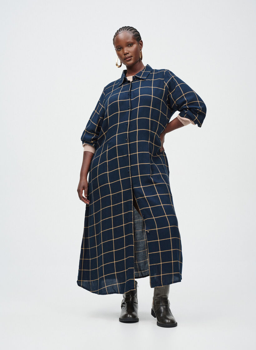 Lang rutete skjortekjole, Blue Beige Check, Image