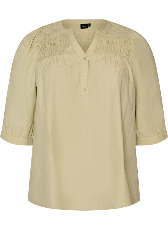 Bluse med smock og 3/4 ermer, Gr&oslash;nn, Packshot image number 0