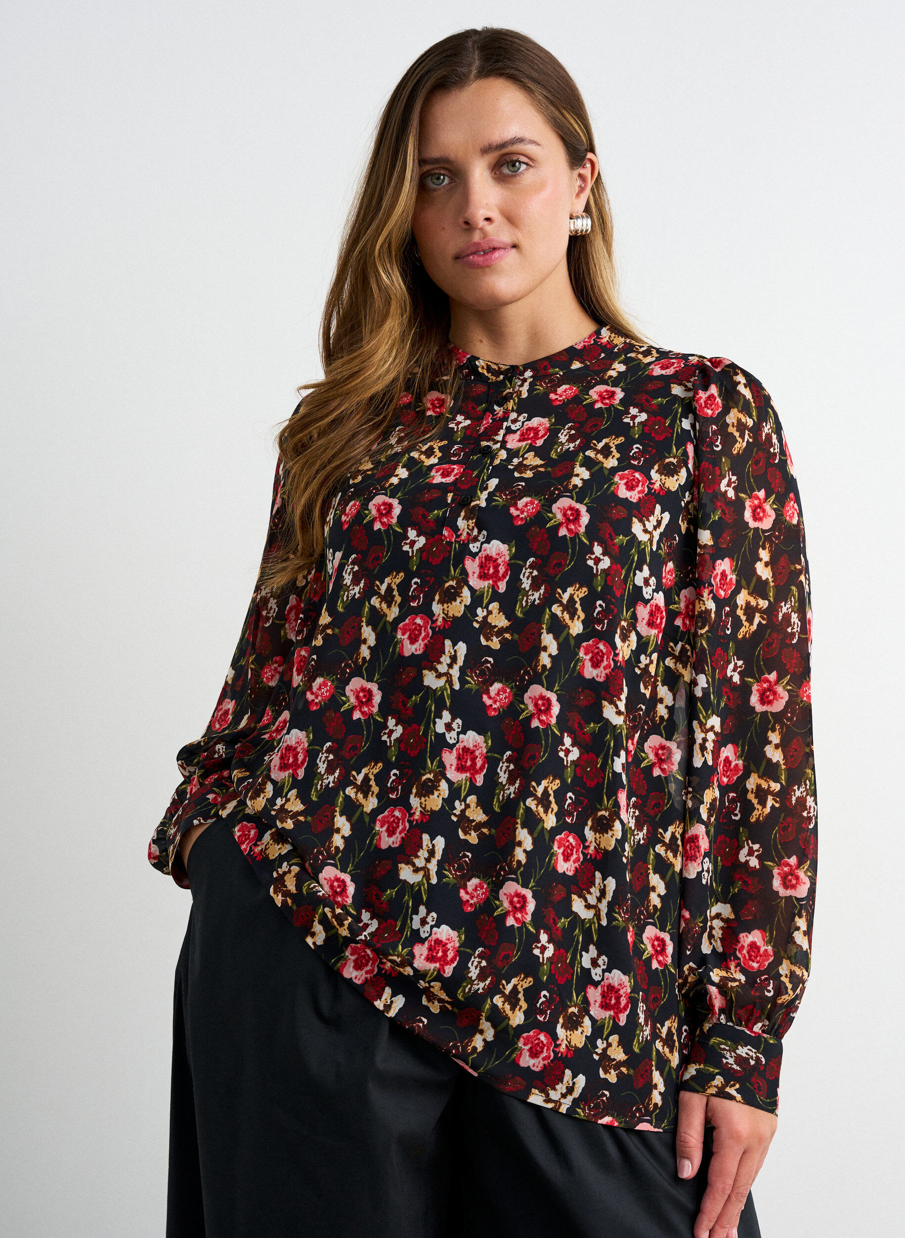 ZizziBluse med heldekkende trykk og kort knappestolpe, Rosa, Model image number 0