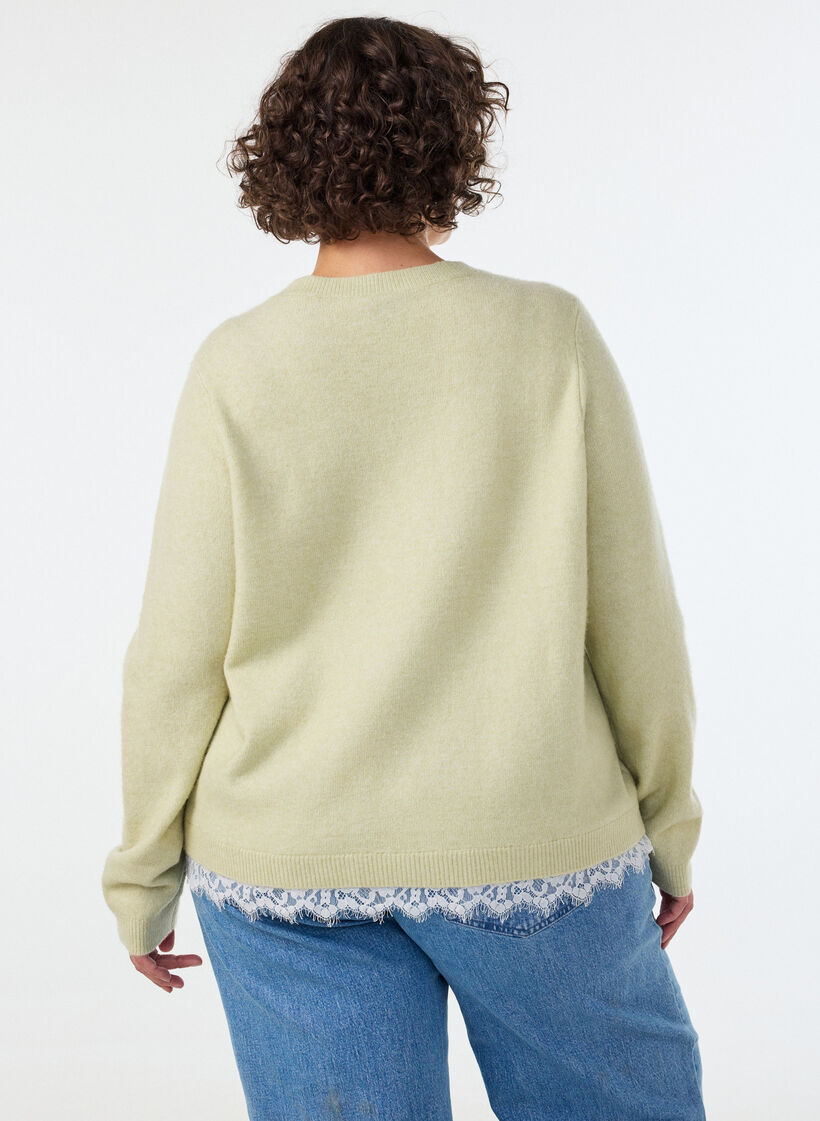 Strikkebluse med blondekant nederst, Gr&oslash;nn, Model image number 2