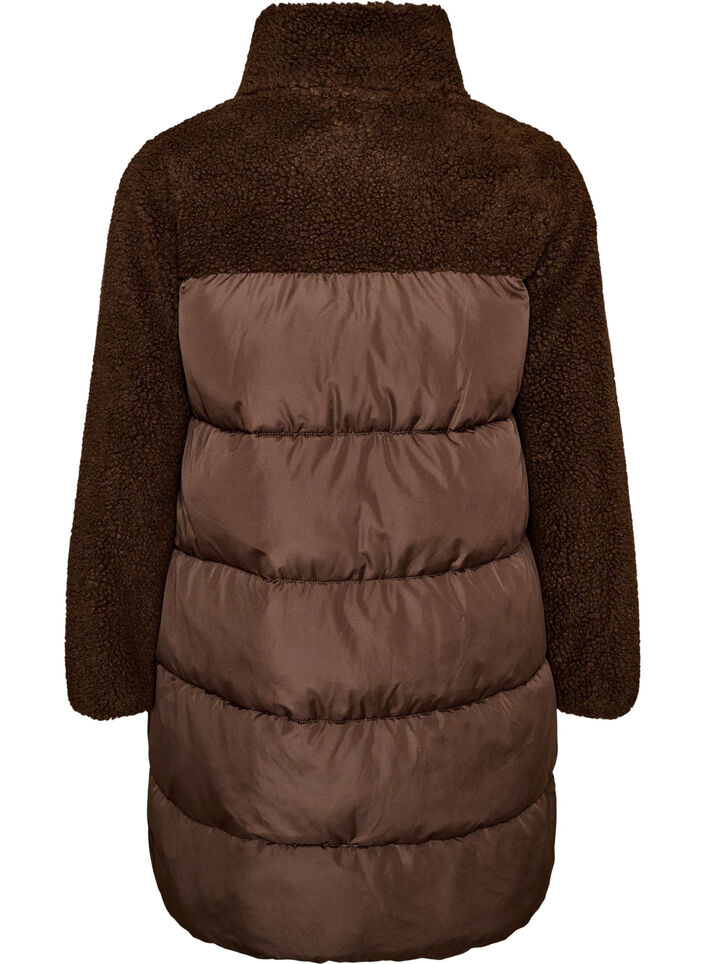 Midilang pufferjakke med teddyfleece, Brun, Packshot image number 1
