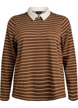 Zizzi Stripete poloskjorte med glidelås, Brun, Packshot image number 0