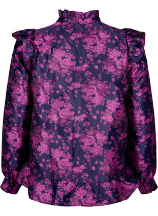 Blomstret jacquardbluse med volanger, Dark Blue Pink, Packshot image number 1