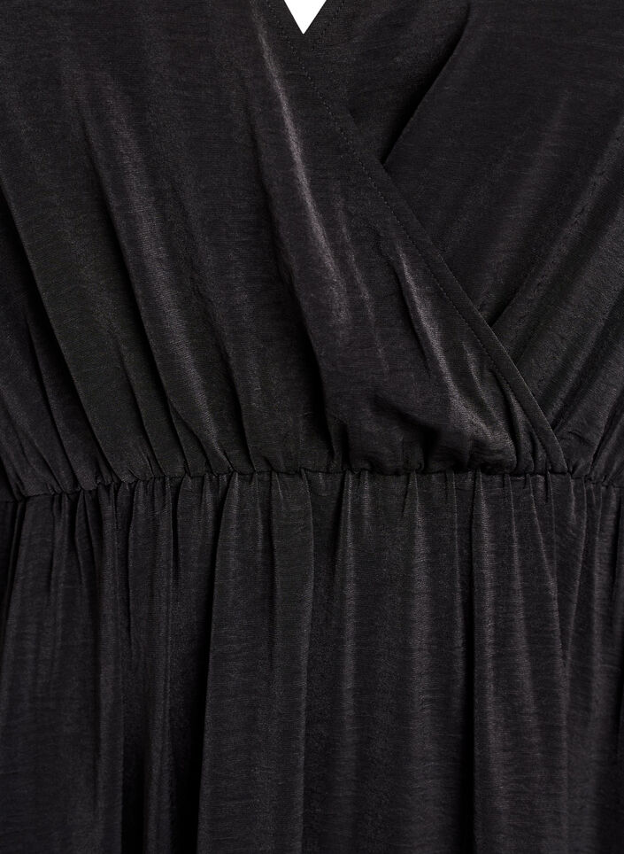 Midikjole med omslagslook og smock-ermer, Svart, Packshot image number 2