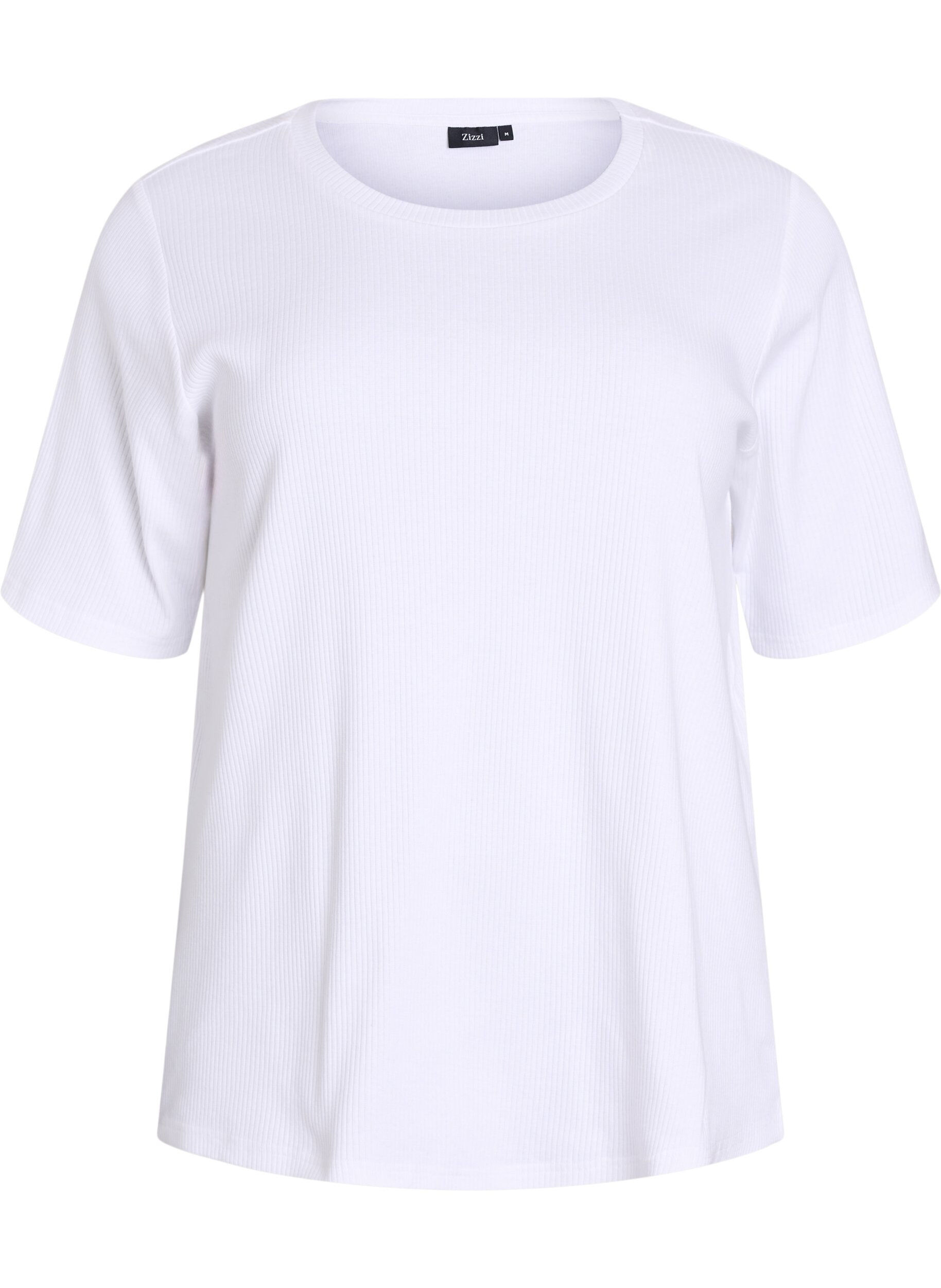 ZizziRibbestrikket jerseybluse med korte ermer, Hvit, Packshot image number 0