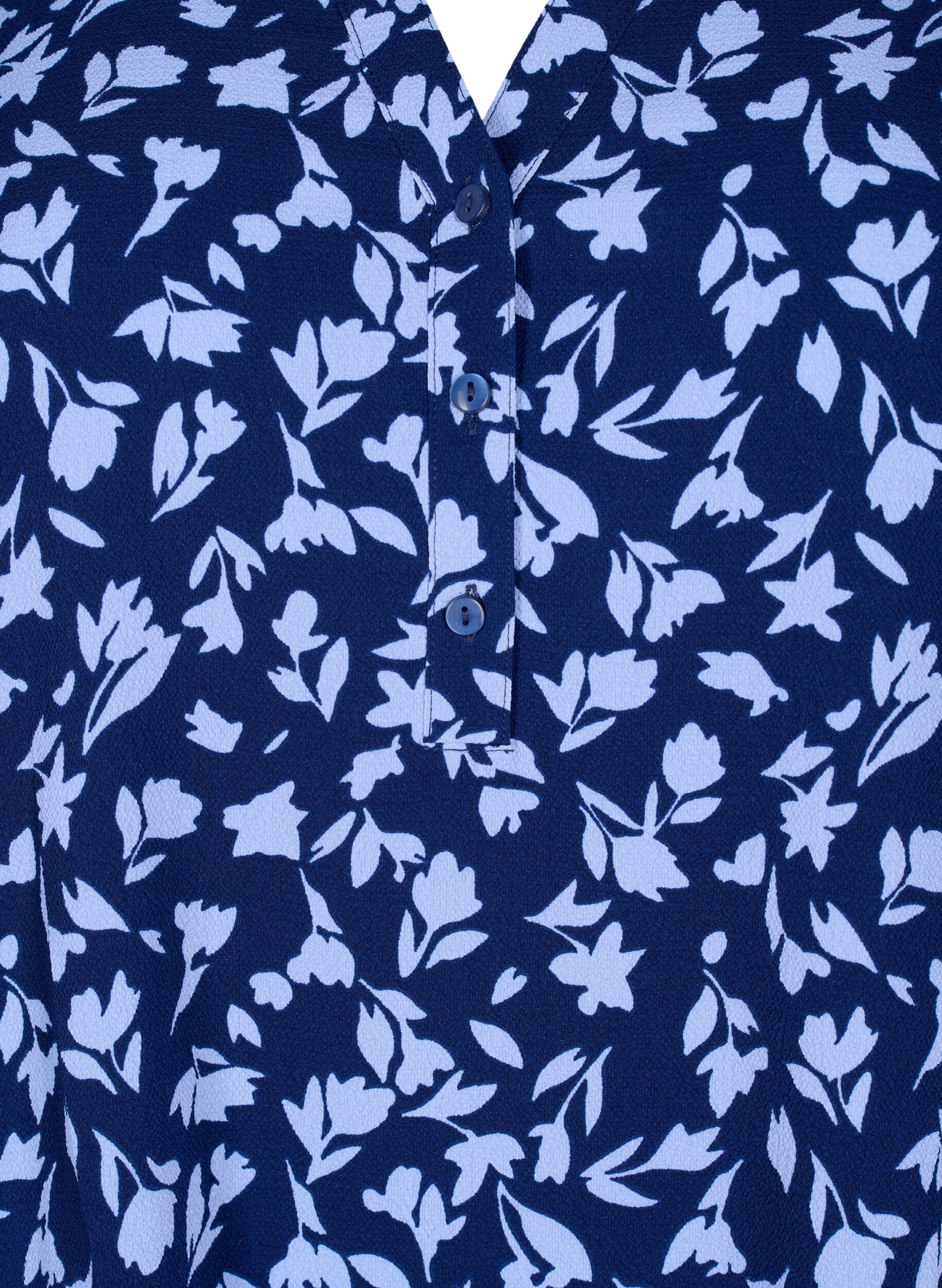 Zizzi Blomstret bluse med 3/4-ermer, M. Blue Flower AOP, Packshot image number 2