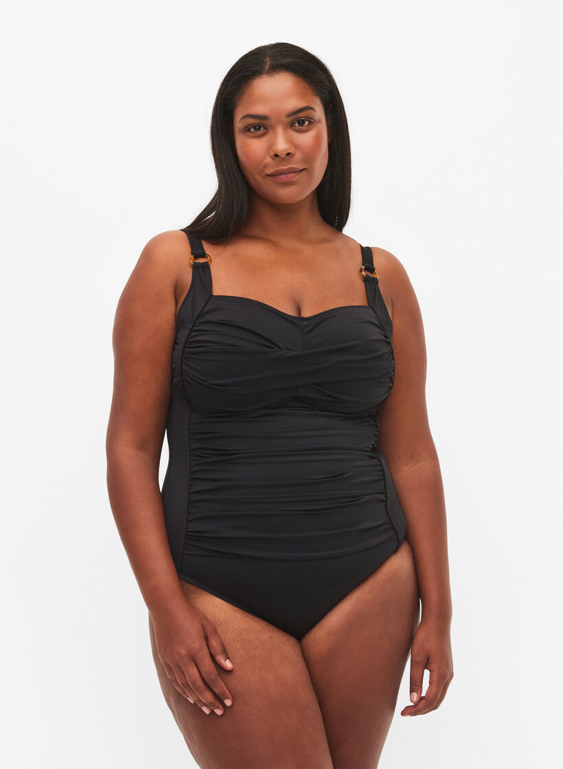 Vattert badedrakt med draperinger , Svart, Model image number 0