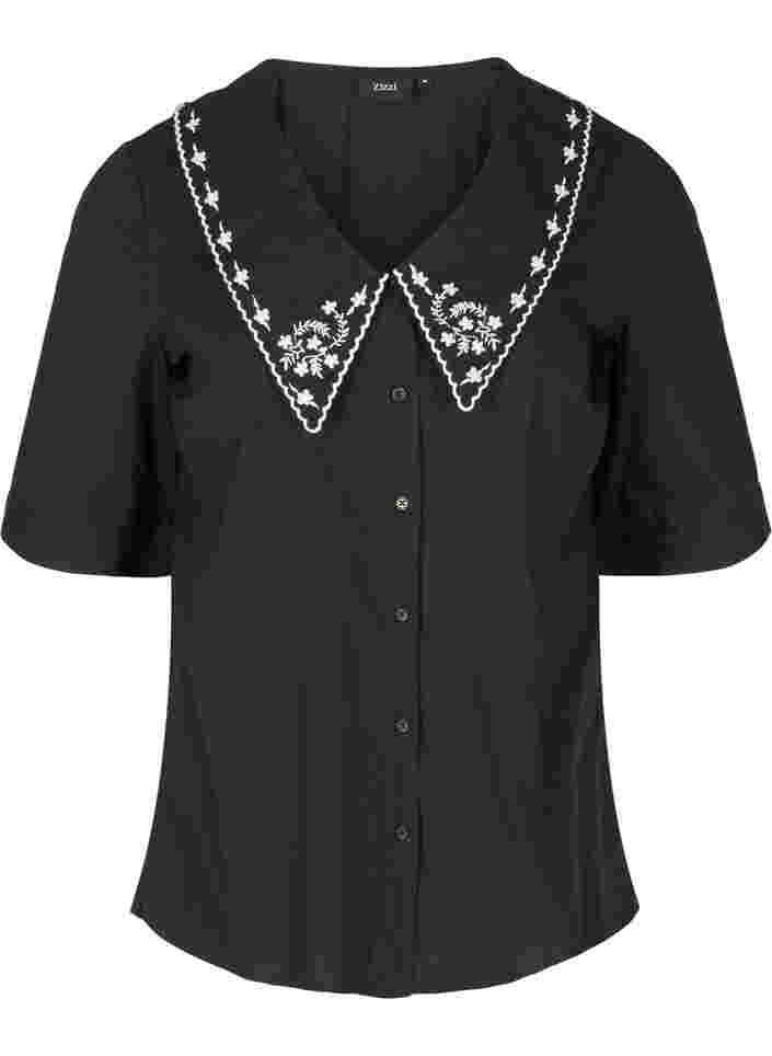 Kortermet bomullsskjorte med stor krage, Black w. White, Packshot image number 0