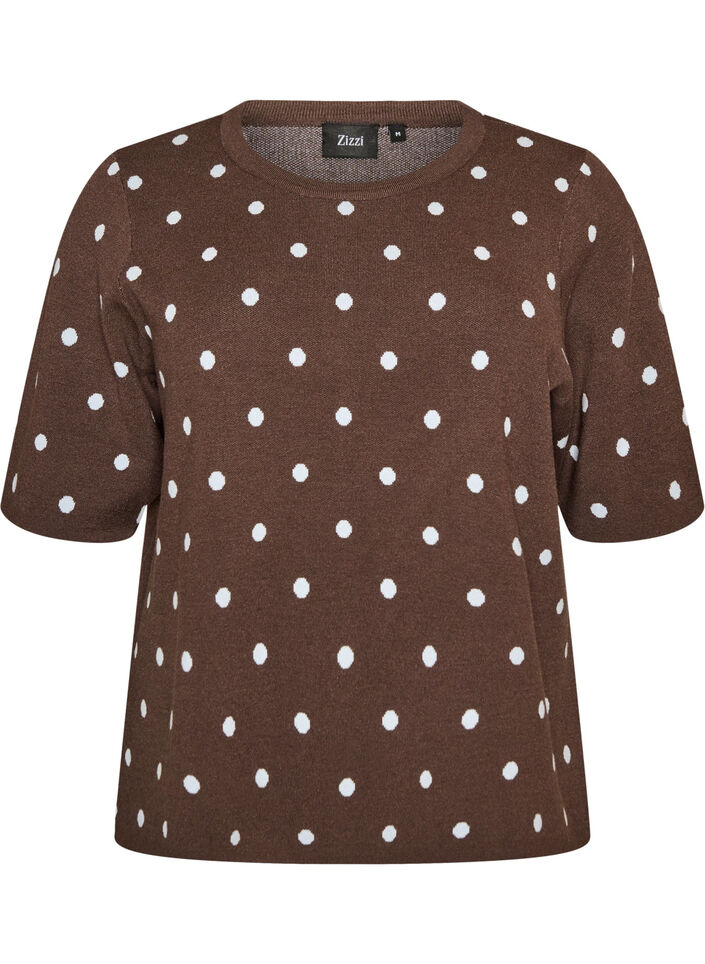 Kortermet strikkebluse med prikker, Brun, Packshot image number 0