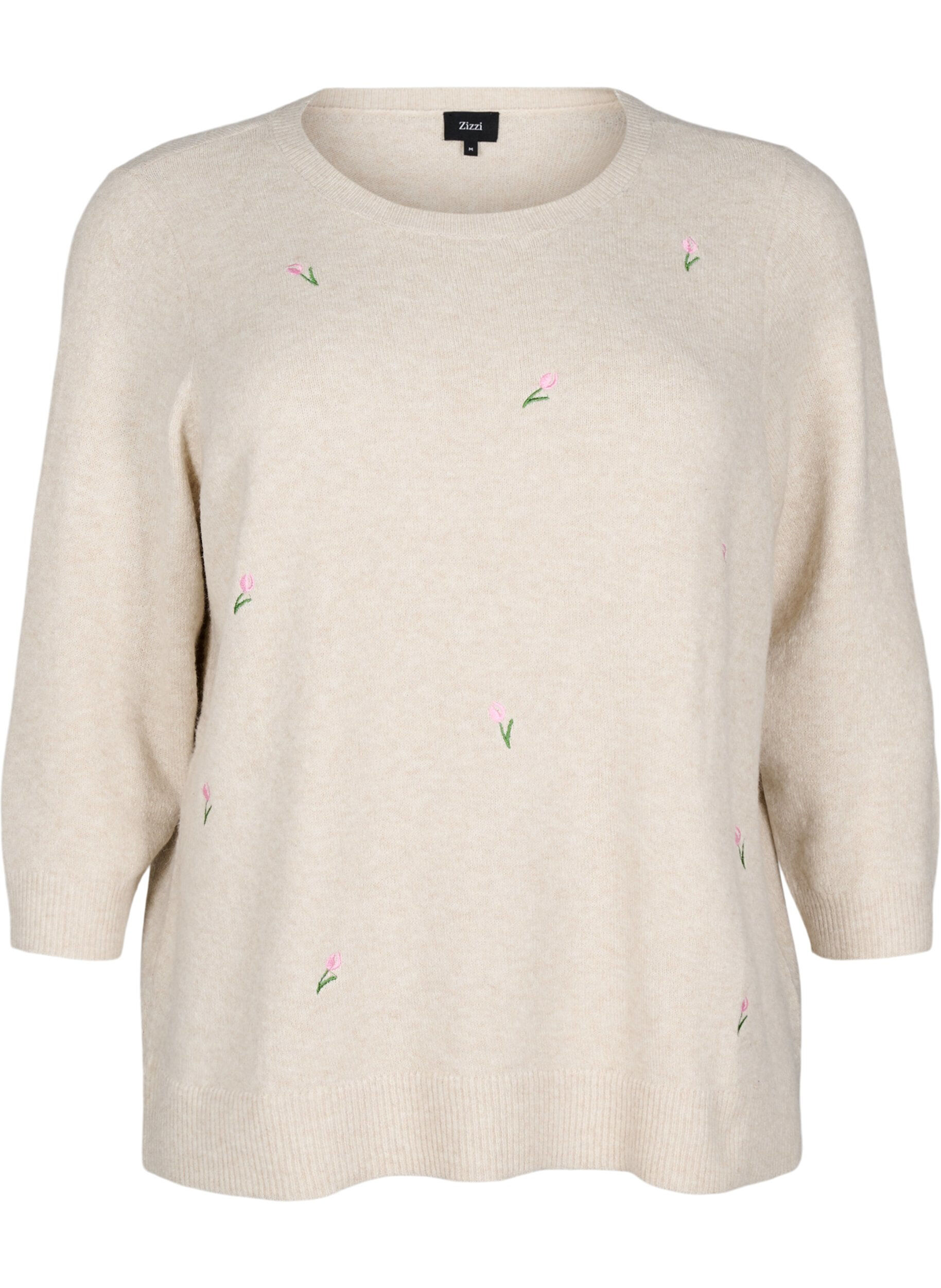 Zizzi Strikket bluse med blomster og 3/4 ermer, Pumice Stone Mel., Packshot image number 0
