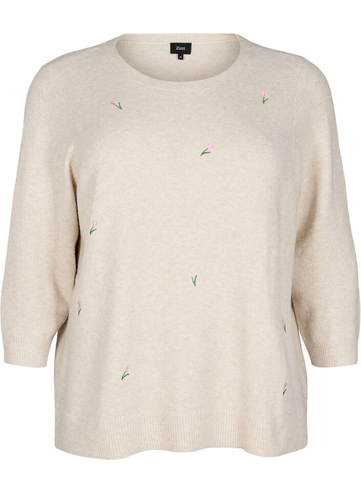 Strikket bluse med blomster og 3/4 ermer, Pumice Stone Mel., Packshot image number 0