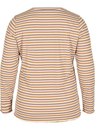 Stripete bluse med rund hals og lange ermer, Purple Camel Stripe, Packshot image number 1