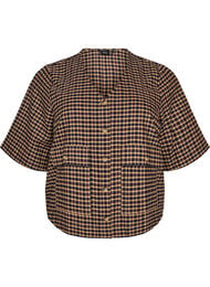 Bluse med ruter og brystlommer, Brun