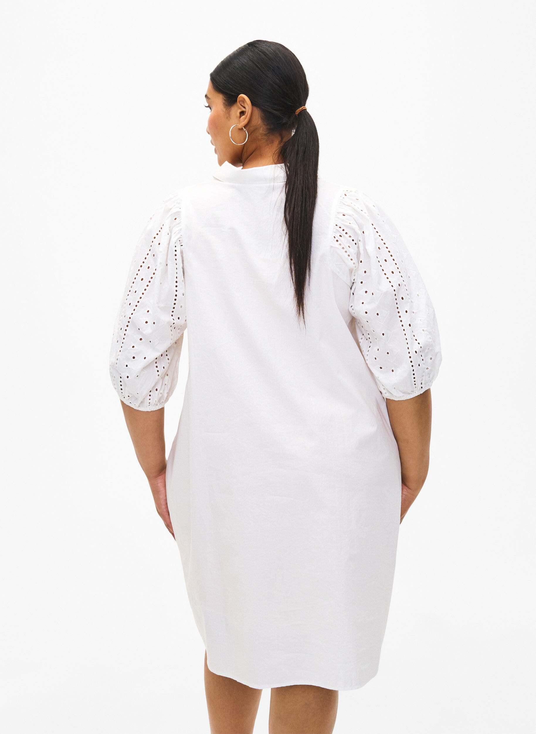 Zizzi Skjortekjole i bomull med broderi anglaise, Off White, Model image number 1